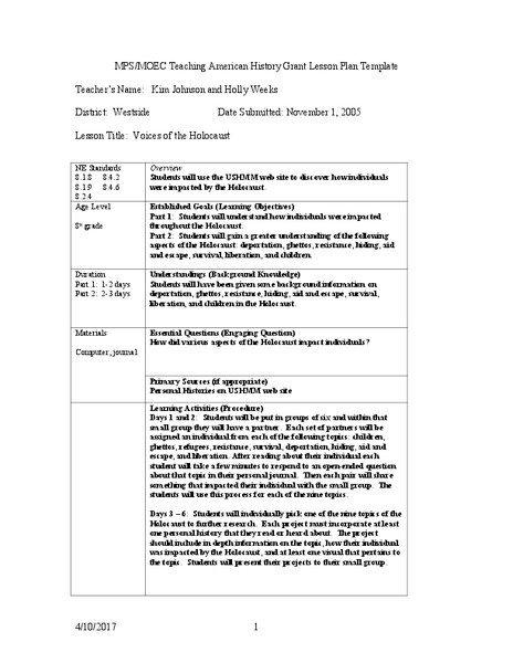 Voices or the Holocaust Lesson Plan