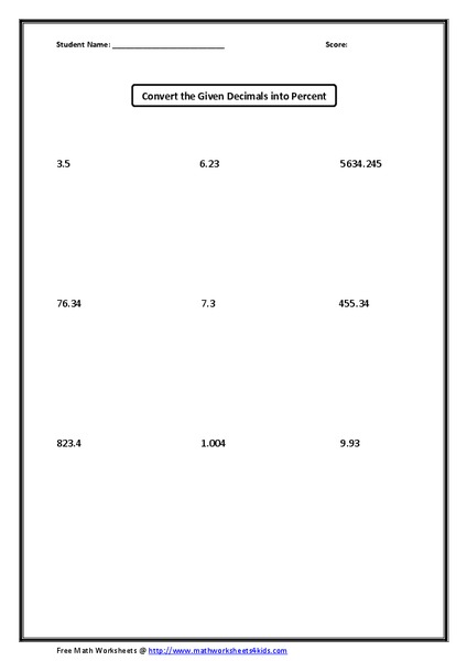 Decimals to Percent Worksheet