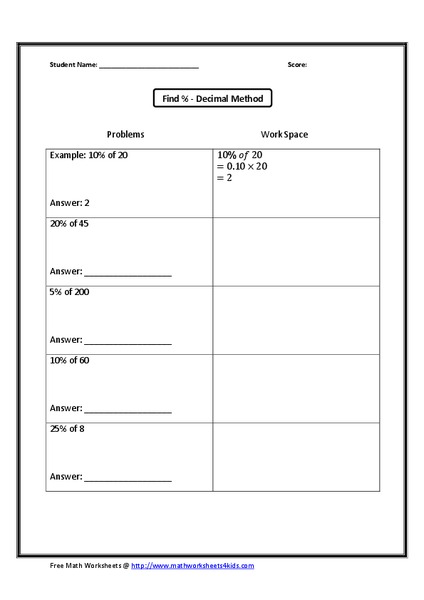 Finding Percent-Decimal Method Worksheet
