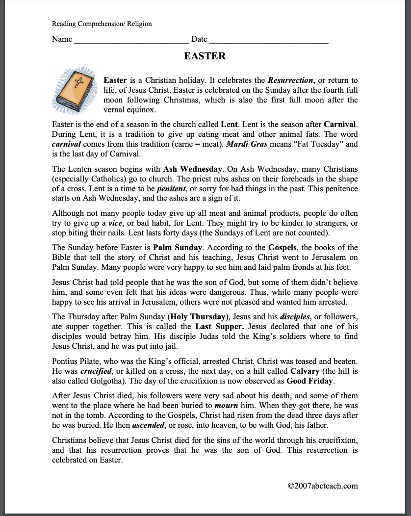 Easter Word Search Lesson Plan