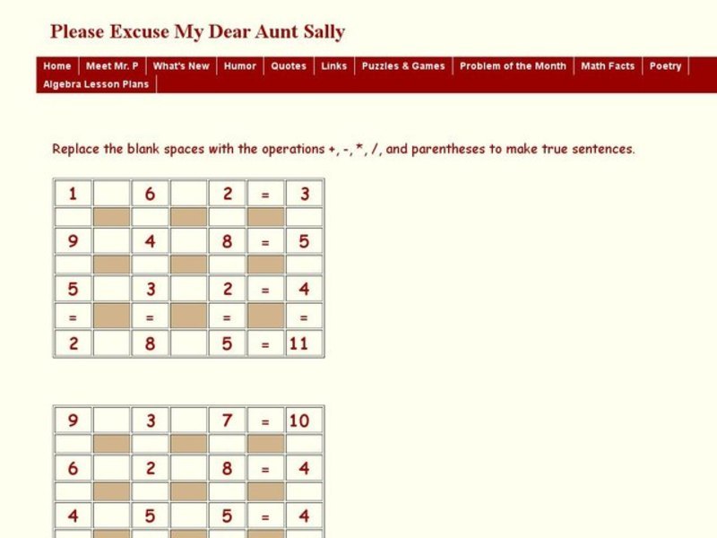 Order of Operations: Please Excuse My Dear Aunt Sally Worksheet