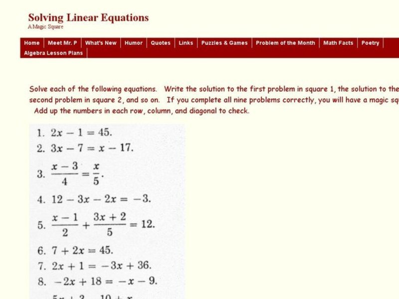 Magic Square: Solving Linear Equations Worksheet