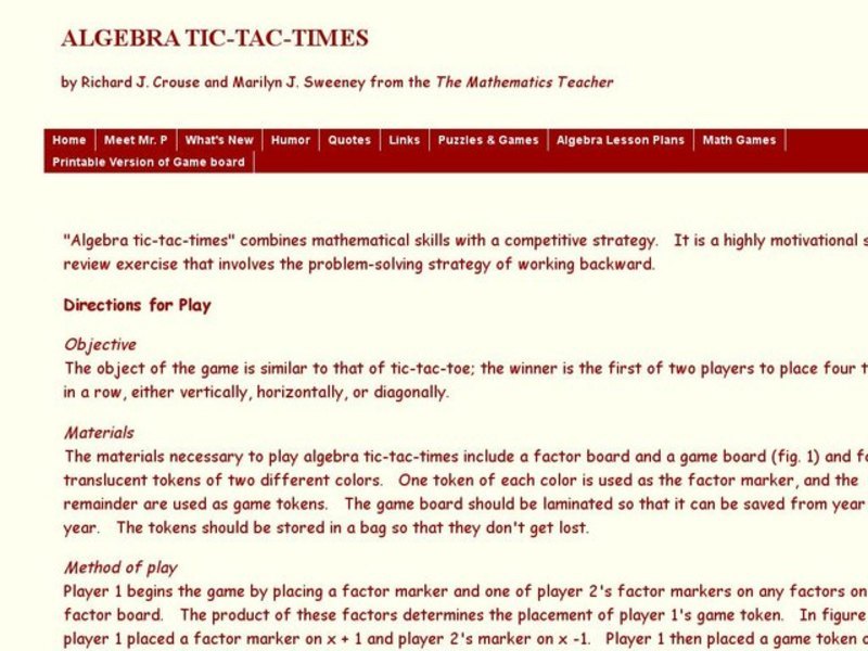 Algebra Tic-Tac-Times Lesson Plan