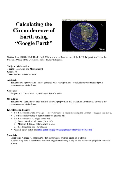 Calculation the Cricumference of Earth using "Google Earth" Lesson Plan