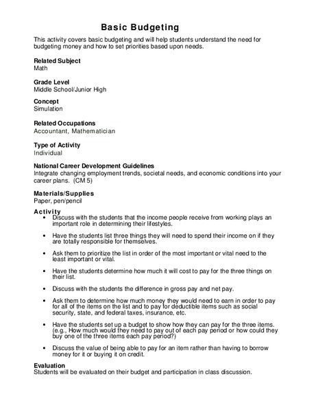 Basic Budgeting Lesson Plan