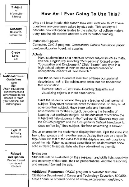 How Am I Ever Going to Use This? Lesson Plan