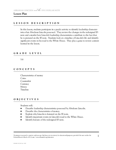 Abraham Lincoln and the Five-Dollar Note Lesson Plan