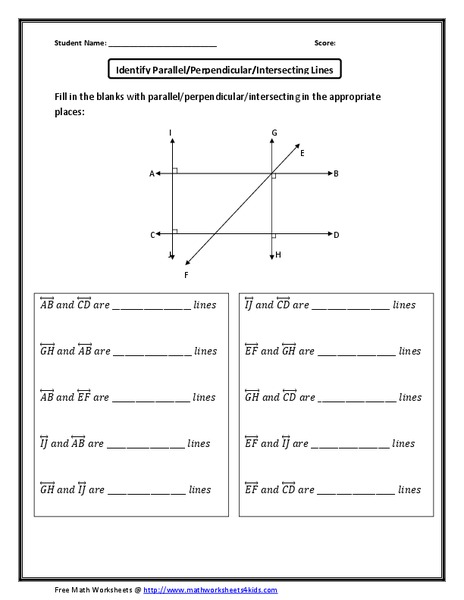 Identify Parallel/Perpendicular/Intersecting Lines Worksheet