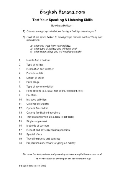 Test Your Speaking and Listening Skills:  Booking a Holiday 1 Interactive