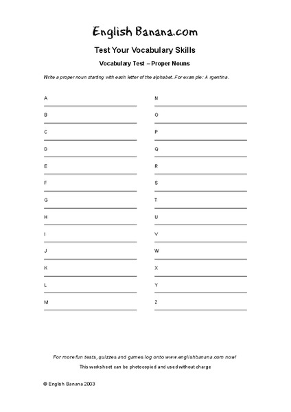 Vocabulary Test--Proper Nouns Worksheet