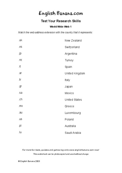Test Your Research Skills:  World Wide Web 1 Worksheet
