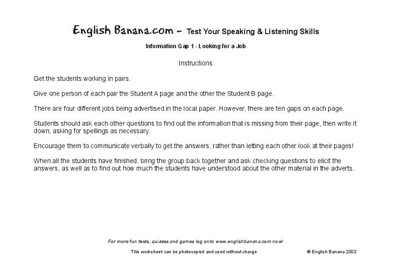 Test Your Speaking and Listening Skills:  Information Gap 1:  Looking for a Job Worksheet