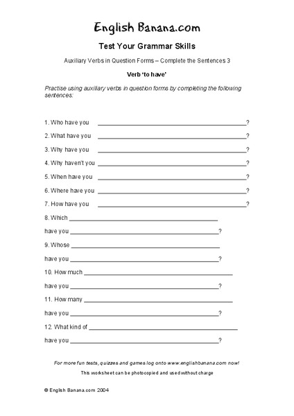 Auxiliary Verbs in Question Forms - Complete the Sentences Worksheet
