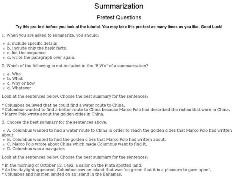 Summarization Pretest Questions Worksheet