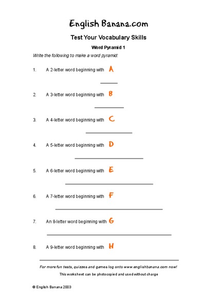 Test Your Vocabulary Skills:  Word Pyramid 1 Worksheet