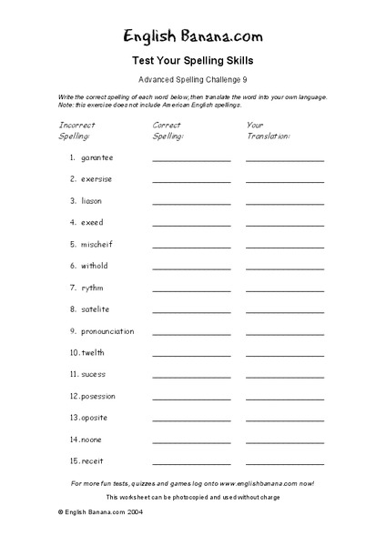 Advanced Spelling Challenge Worksheet