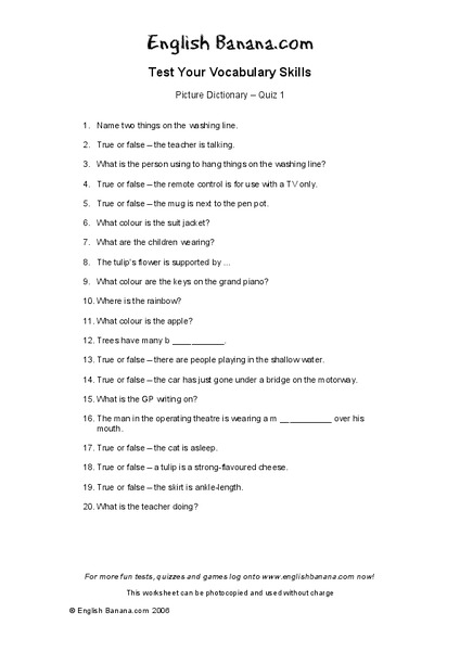 Picture Dictionary - Quiz 1 Worksheet