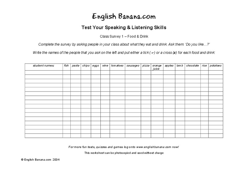 Test Your Speaking and Listening Skills:  Class Survey 1--Food and Drink Worksheet