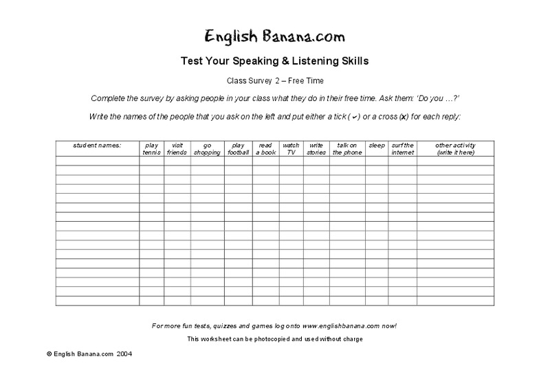 Test Your Speaking and Listening Skills:  Class Survey 2--Free Time Worksheet
