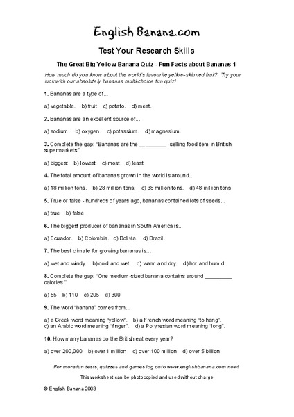 The Great Big Yellow Banana Quiz - Fun Facts about Bananas 1 Worksheet