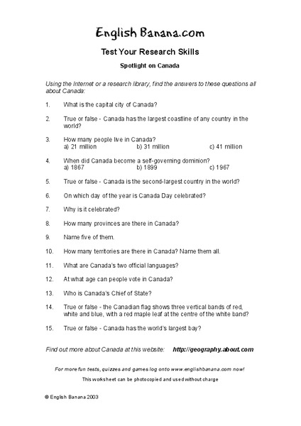Test Your Research Skills:  Spotlight on Canada Worksheet