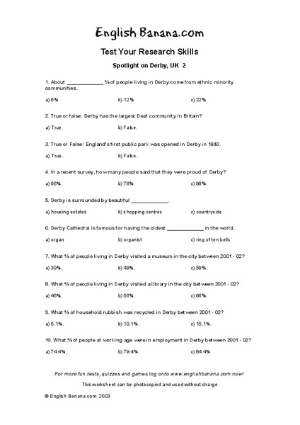 Spotlight on Derby, UK Worksheet