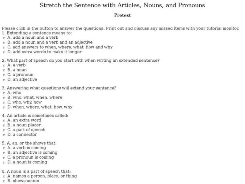 Stretch the Sentence with Articles, Nouns and Pronouns-Pretest Interactive