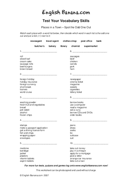 Places in a Town - Spot the Odd One Out Worksheet