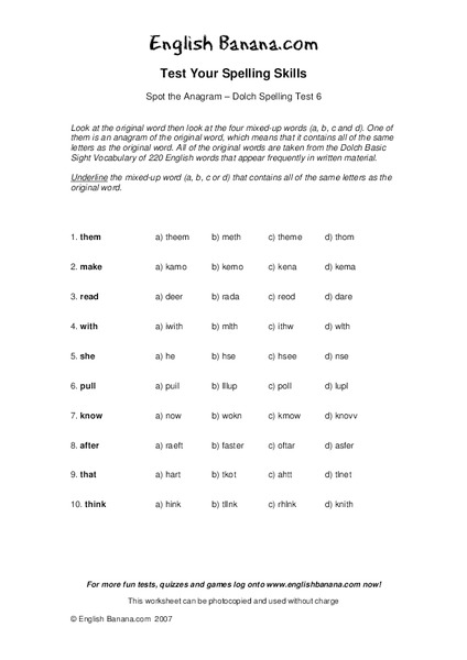 Spot the Anagram - Dolch Spelling Test 6 Worksheet