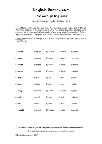 Spot the Anagram - Dolch Spelling Test 7 Worksheet