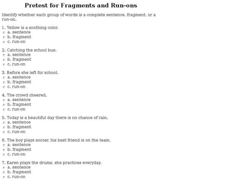 Pretest for Fragments and Run-Ons Interactive