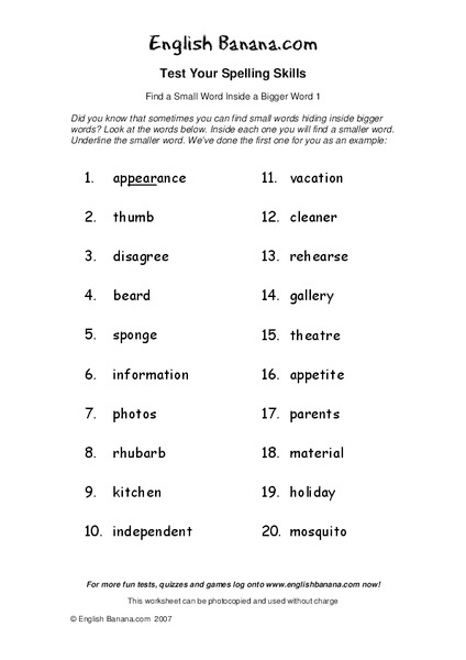 Test Your Spelling Skills: Find a Small Word Inside a Bigger Word 1 Worksheet