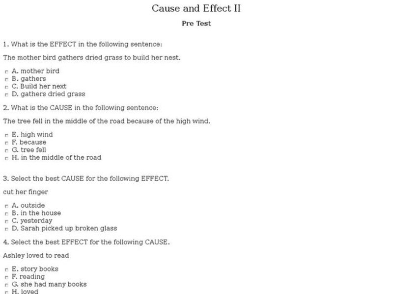 Cause and Effect II Pre Test Interactive