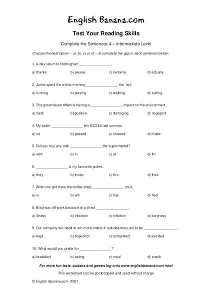 Test Your Reading Skills:  Complete the Sentences 4--Intermediate Level Worksheet
