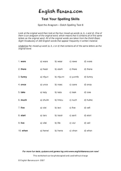 Test Your Spelling Skills:  Spot the Anagram--Dolch Spelling Test 8 Worksheet