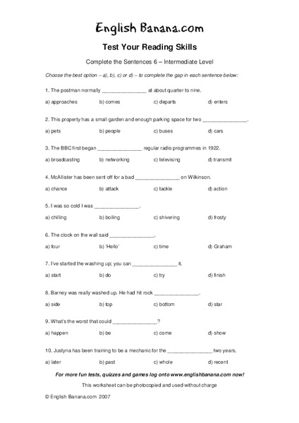 Test Your Reading Skills:  Complete the Sentences--Intermediate Level Worksheet