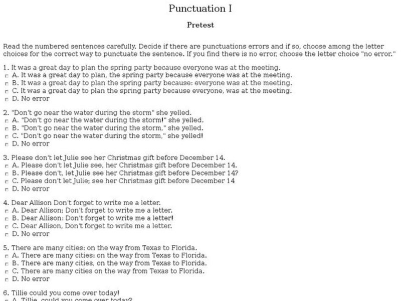 Punctuation I Pre Test Interactive