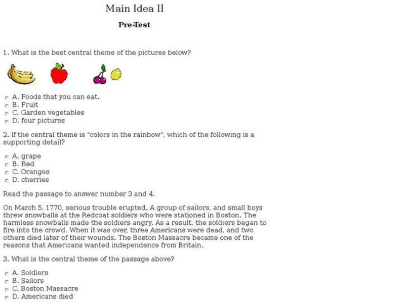 Main Idea II: Pre Test Worksheet