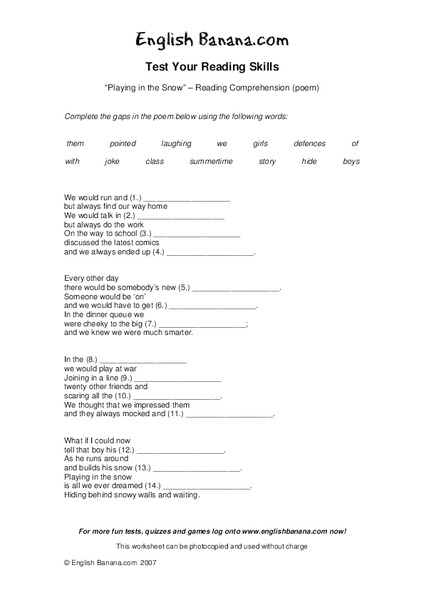 "Playing in the Snow" - Reading Comprehension (Poem) Worksheet