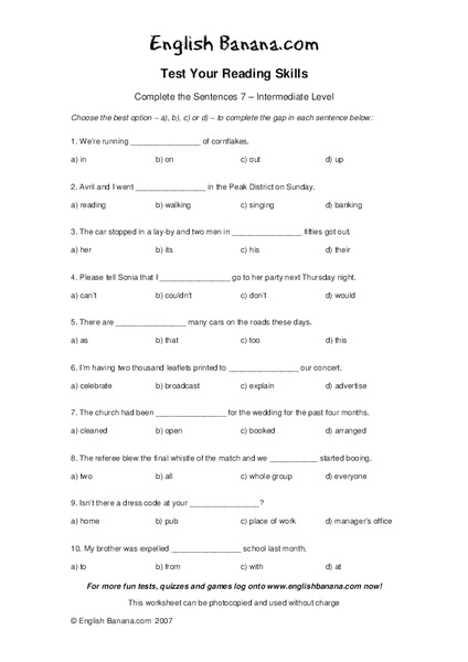 Test Your Reading Skills:  Completing Sentences Worksheet