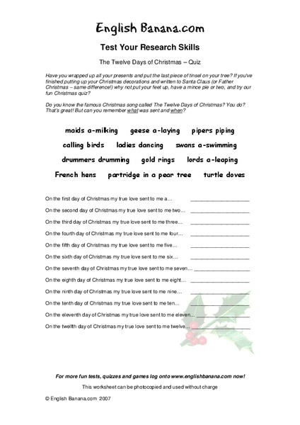 Test Your Research Skills:  The Twelve Days of Christmas Worksheet
