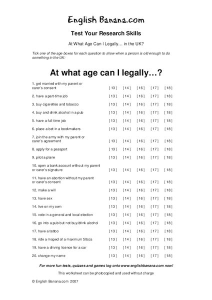 Test Your Research Skills:  At What Age Can I Legally . . . in the UK? Worksheet
