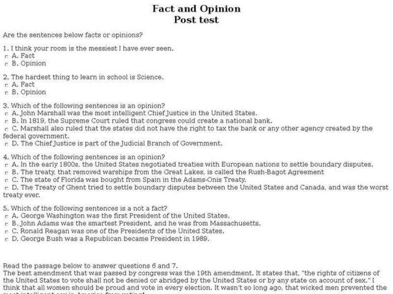Fact and Opinion: Post Test Interactive