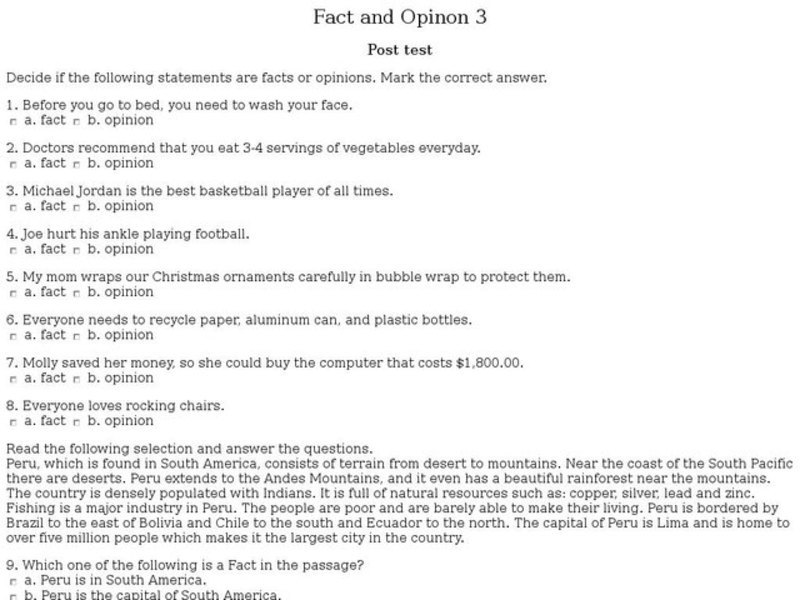 Fact and Opinion 3: Post Test Interactive