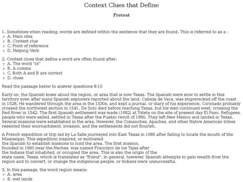 Context Clues that Define Pretest Worksheet