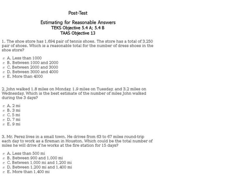 Estimating for Reasonable Answers: Post Test Interactive
