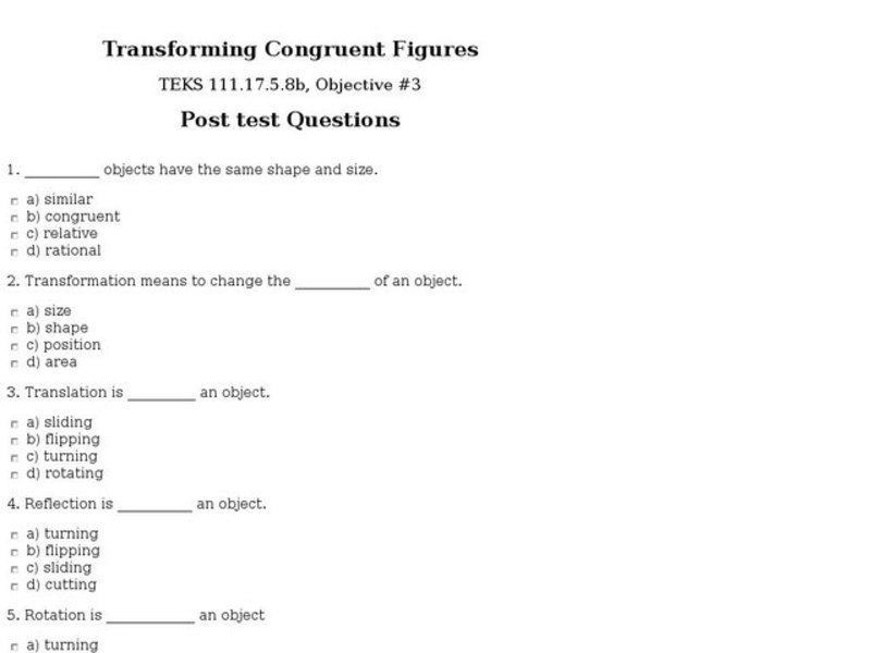 Transforming Congruent Figures: Post Test Interactive