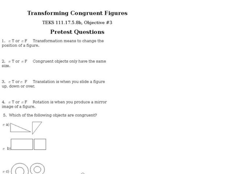 Transforming Congruent Figures: Pretest Worksheet
