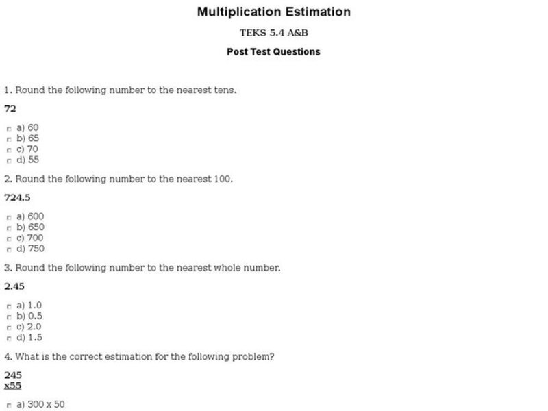 Multiplication Estimation Worksheet