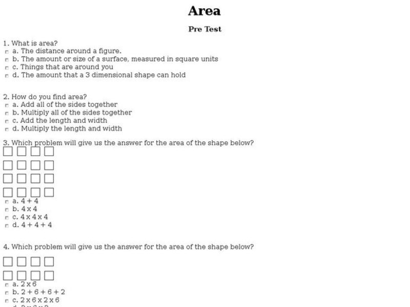 Area Pre- Test Worksheet